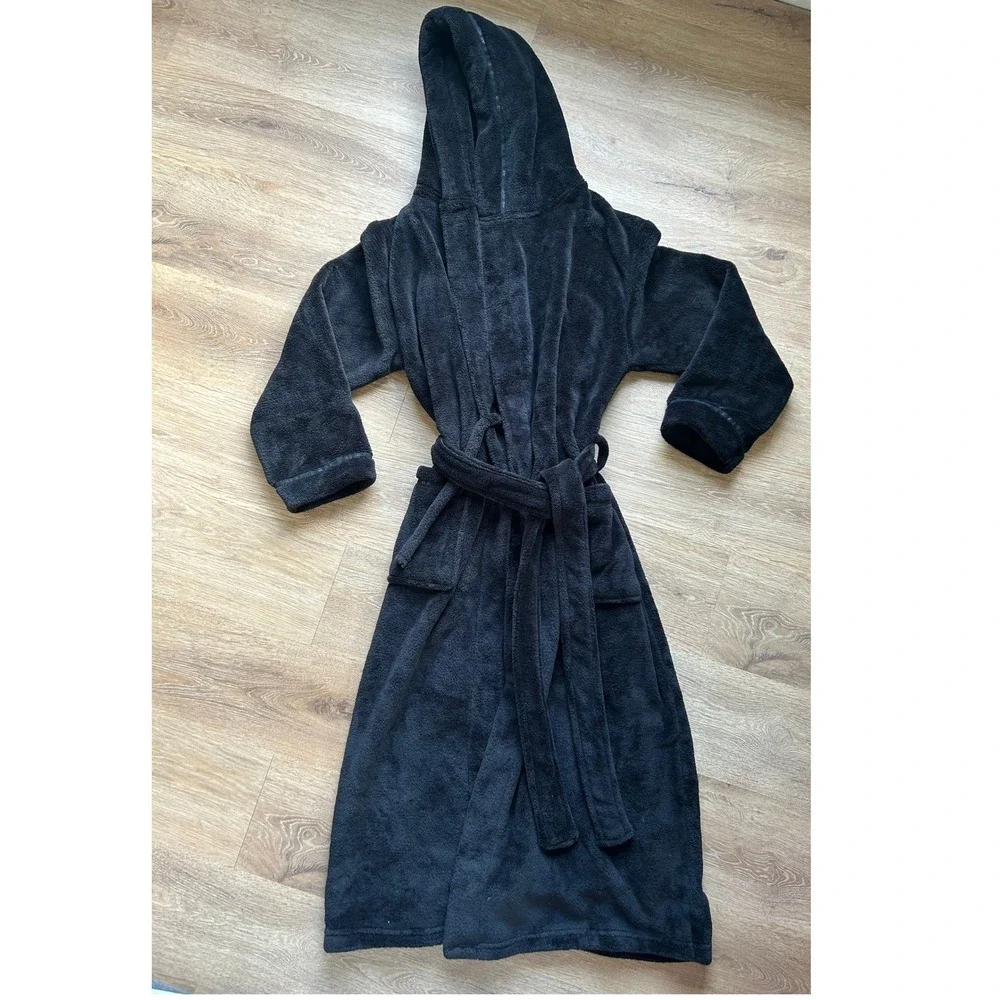 David Archy Mens Hooded Fleece Robe Black Plush Bathrobe Size M
